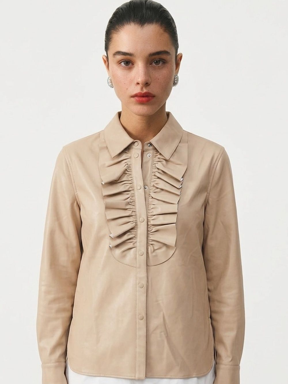 TIBI | Tan Ruffled Snap-Up Faux Leather Blouse Long Sleeves Women’s Size 4